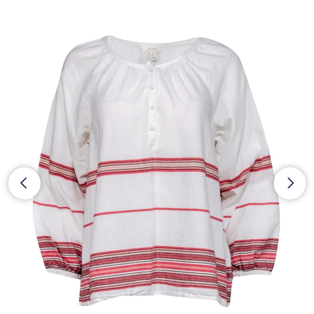 Joie. Soft Joie. White, Red & Pink Striped Long Sleeve Cotton Blouse. Size M.